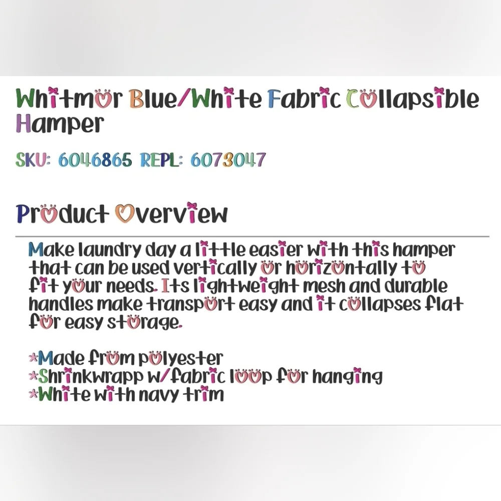 Whitmor Fabric Collapsible Hamper Blue/White 5588-7485-WNVY